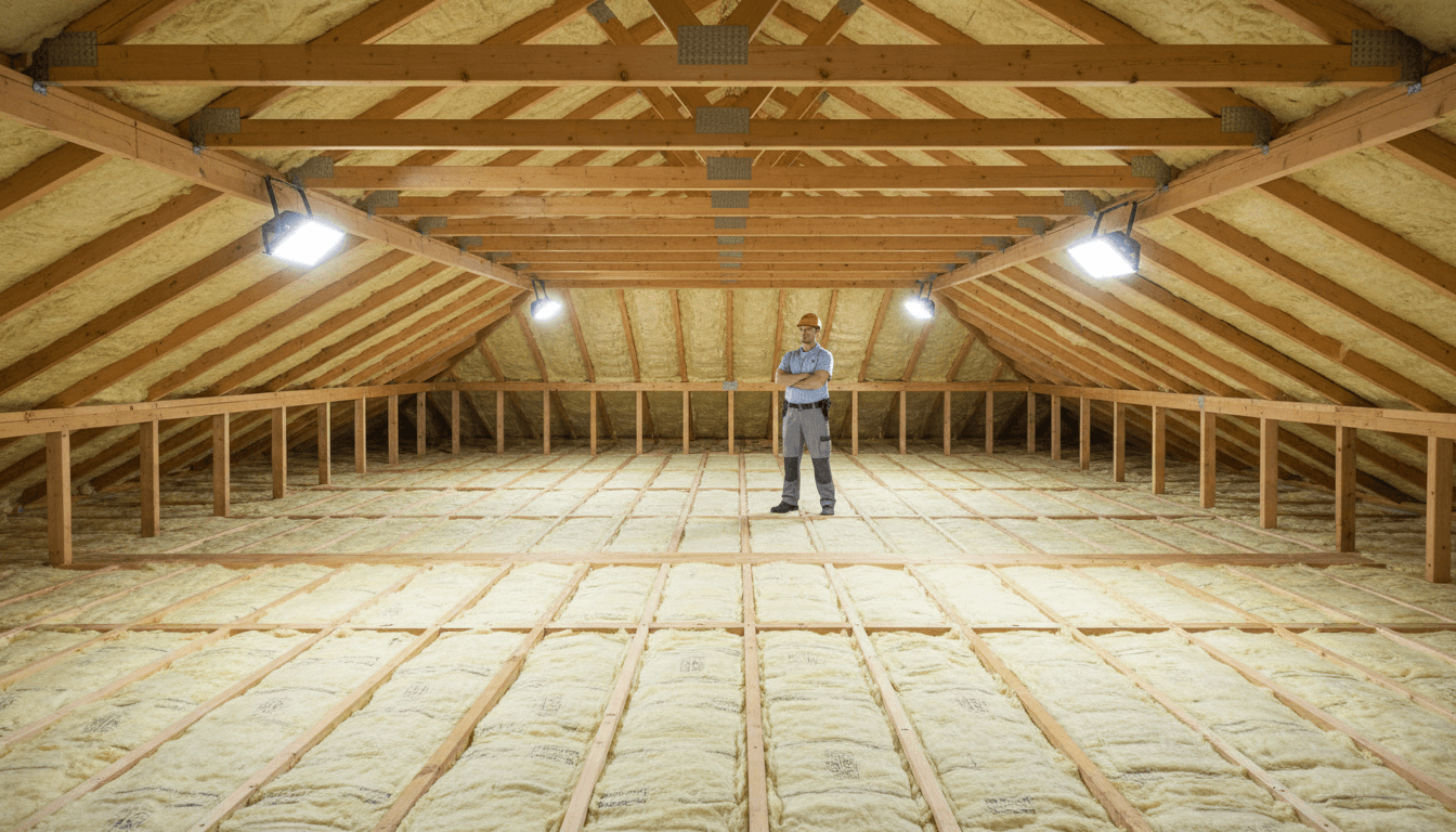 Completed residential attic with uniformly installed batt insulation, professional technician visible for scale in spacious interior