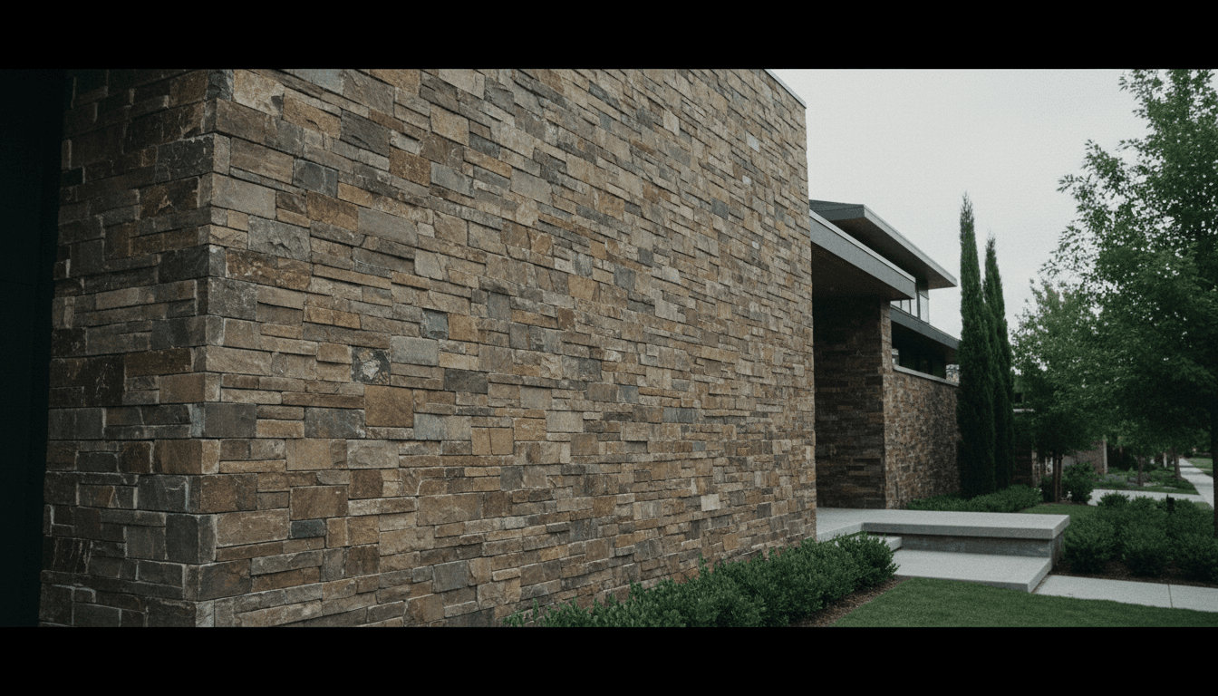 Completed residential stone facade with elegant masonry work creating professional architectural enhancement